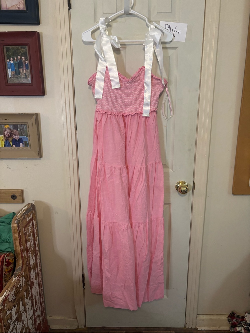 Women’s Pink Smocked Tiered Maxi Dress with Ribbon Straps